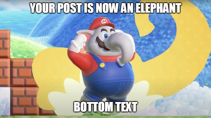 POST IS ELEPHANT | YOUR POST IS NOW AN ELEPHANT; BOTTOM TEXT | image tagged in elephant mario | made w/ Imgflip meme maker