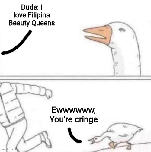Liking Filipina beauty queens is cringe | Dude: I love Filipina Beauty Queens; Ewwwwww, You're cringe | image tagged in goose chase,memes,philippines,women,beauty queen | made w/ Imgflip meme maker
