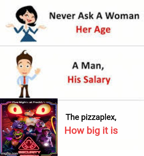 Fr like how big is it | The pizzaplex, How big it is | image tagged in never ask a woman her age | made w/ Imgflip meme maker