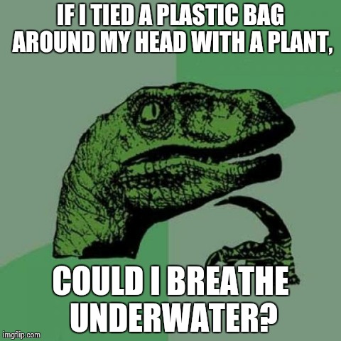 Philosoraptor Meme | IF I TIED A PLASTIC BAG AROUND MY HEAD WITH A PLANT, COULD I BREATHE UNDERWATER? | image tagged in memes,philosoraptor | made w/ Imgflip meme maker