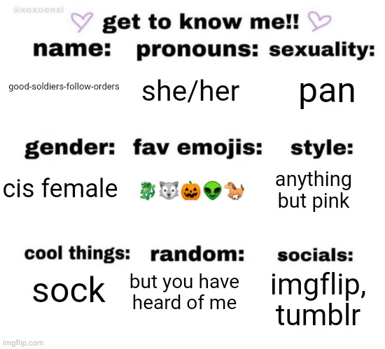 weeeee | pan; she/her; good-soldiers-follow-orders; 🐉🐺🎃👽🐎; anything but pink; cis female; imgflip, tumblr; sock; but you have heard of me | image tagged in get to know me | made w/ Imgflip meme maker
