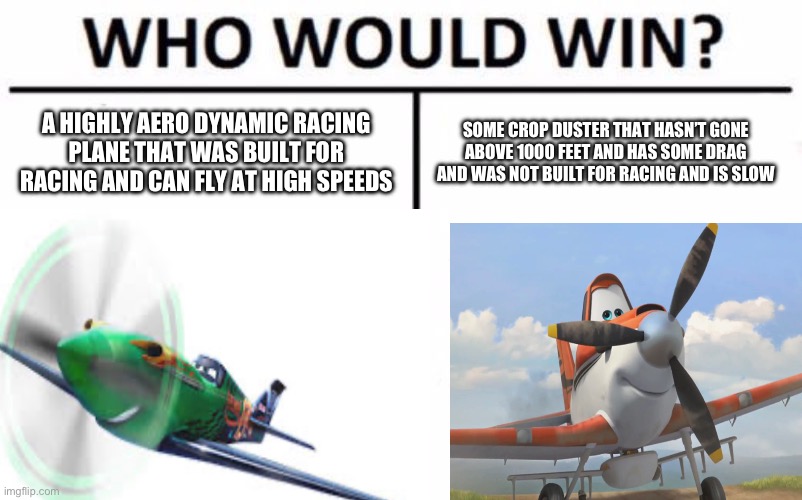 True right? | A HIGHLY AERO DYNAMIC RACING PLANE THAT WAS BUILT FOR RACING AND CAN FLY AT HIGH SPEEDS; SOME CROP DUSTER THAT HASN’T GONE ABOVE 1000 FEET AND HAS SOME DRAG AND WAS NOT BUILT FOR RACING AND IS SLOW | image tagged in memes,who would win | made w/ Imgflip meme maker