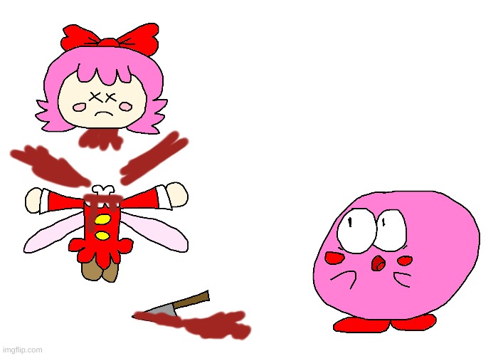 Kirby saw Ribbon got decapitated ( LOL Fanart Edition ) | image tagged in kirby,gore,parody,funny,blood,murder | made w/ Imgflip meme maker
