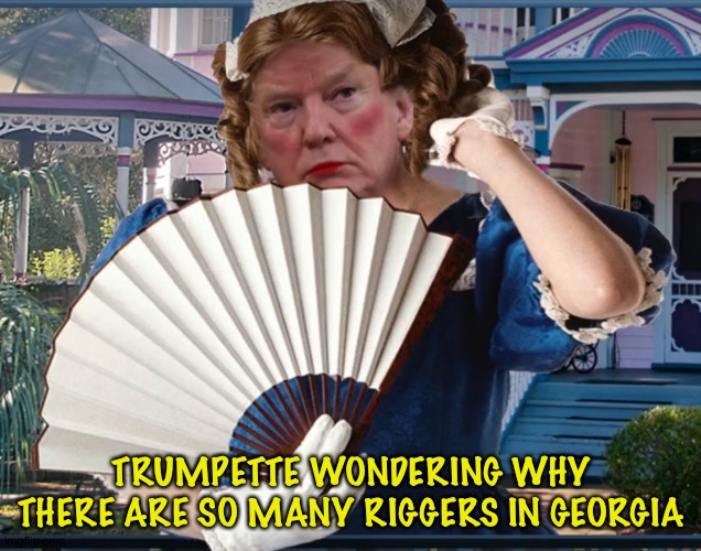 Riggers always been a problem | TRUMPETTE WONDERING WHY THERE ARE SO MANY RIGGERS IN GEORGIA | image tagged in southern belle trumpette | made w/ Imgflip meme maker