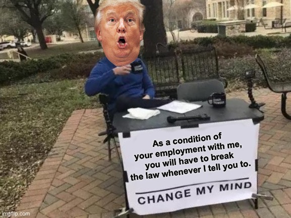 Are we clear? | As a condition of your employment with me, you will have to break the law whenever I tell you to. | image tagged in memes,change my mind | made w/ Imgflip meme maker