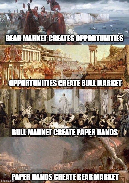 Bear market & bull market | BEAR MARKET CREATES OPPORTUNITIES; OPPORTUNITIES CREATE BULL MARKET; BULL MARKET CREATE PAPER HANDS; PAPER HANDS CREATE BEAR MARKET | image tagged in memes | made w/ Imgflip meme maker