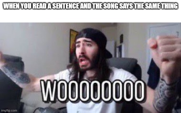 wooooooooooo | WHEN YOU READ A SENTENCE AND THE SONG SAYS THE SAME THING | image tagged in wooooooooooo | made w/ Imgflip meme maker