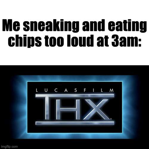 me be like: | Me sneaking and eating chips too loud at 3am: | image tagged in thx logo,thx | made w/ Imgflip meme maker