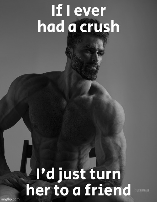 Giga Chad | If I ever had a crush I'd just turn her to a friend | image tagged in giga chad | made w/ Imgflip meme maker