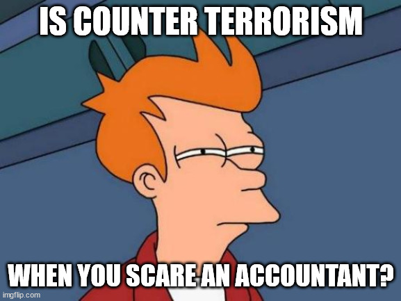 Accountant pun | IS COUNTER TERRORISM; WHEN YOU SCARE AN ACCOUNTANT? | image tagged in memes,futurama fry,accountant | made w/ Imgflip meme maker