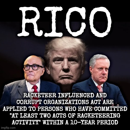 R I C O - R acketeer I nfluenced and C orrupt O rganizations Act | RICO; RACKETEER INFLUENCED AND CORRUPT ORGANIZATIONS ACT ARE APPLIED TO PERSONS WHO HAVE COMMITTED "AT LEAST TWO ACTS OF RACKETEERING ACTIVITY" WITHIN A 10-YEAR PERIOD | image tagged in racketeer influenced and corrupt organizations act,rico,racketeering,extortionist,organized crime,fraud | made w/ Imgflip meme maker