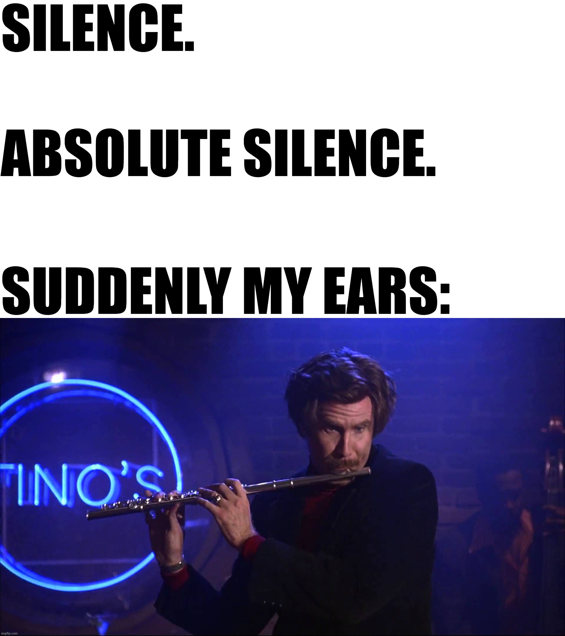 Ron Burgundy Jazz Flute | SILENCE. ABSOLUTE SILENCE. SUDDENLY MY EARS: | image tagged in ron burgundy jazz flute | made w/ Imgflip meme maker