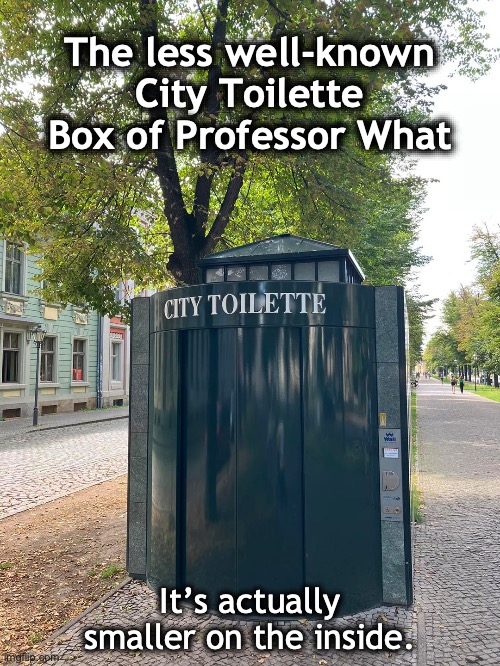 Professor who...??? | The less well-known City Toilette Box of Professor What; It’s actually smaller on the inside. | image tagged in doctor who,police box | made w/ Imgflip meme maker