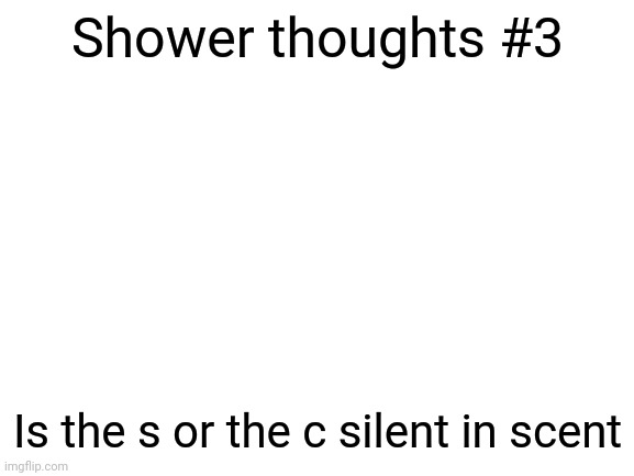 Shower thoughts | Shower thoughts #3; Is the s or the c silent in scent | image tagged in blank white template,shower thoughts | made w/ Imgflip meme maker