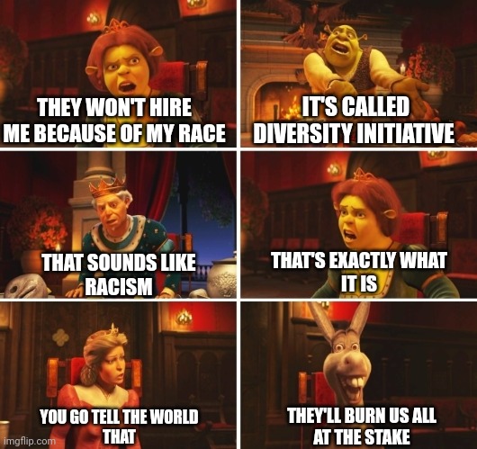 Shrek Fiona Harold Donkey | THEY WON'T HIRE ME BECAUSE OF MY RACE; IT'S CALLED DIVERSITY INITIATIVE; THAT'S EXACTLY WHAT IT IS; THAT SOUNDS LIKE RACISM; THEY'LL BURN US ALL AT THE STAKE; YOU GO TELL THE WORLD THAT | image tagged in shrek fiona harold donkey | made w/ Imgflip meme maker