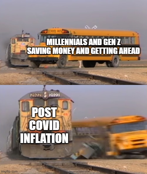 A train hitting a school bus | MILLENNIALS AND GEN Z SAVING MONEY AND GETTING AHEAD; POST COVID INFLATION | image tagged in a train hitting a school bus | made w/ Imgflip meme maker