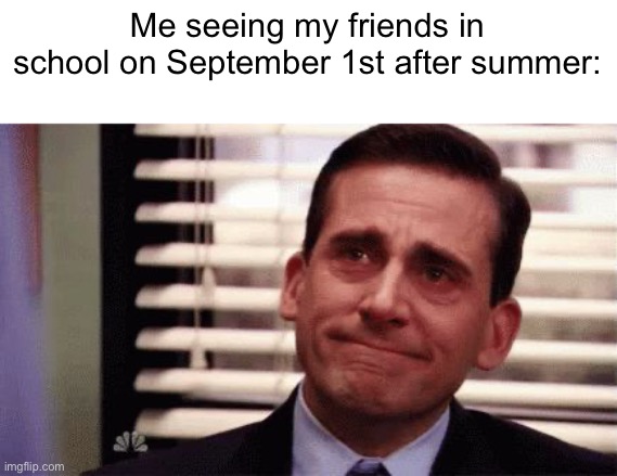 (crying of happiness) | Me seeing my friends in school on September 1st after summer: | image tagged in happy cry | made w/ Imgflip meme maker