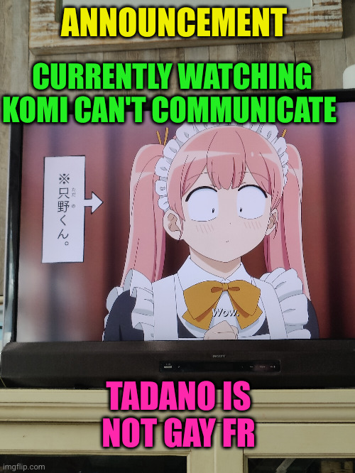 kcc is the best | ANNOUNCEMENT; CURRENTLY WATCHING KOMI CAN'T COMMUNICATE; TADANO IS NOT GAY FR | image tagged in anime,announcement | made w/ Imgflip meme maker