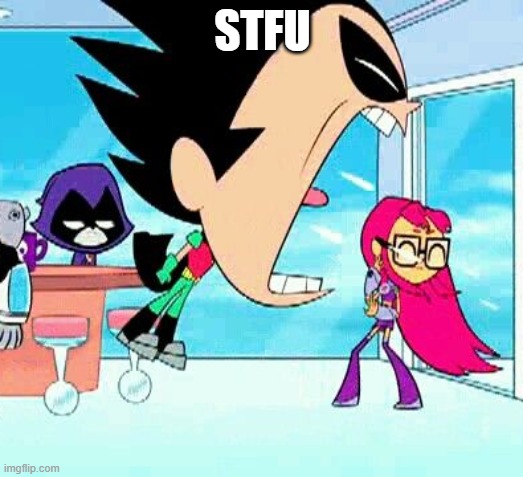robin yelling at starfire | STFU | image tagged in robin yelling at starfire | made w/ Imgflip meme maker