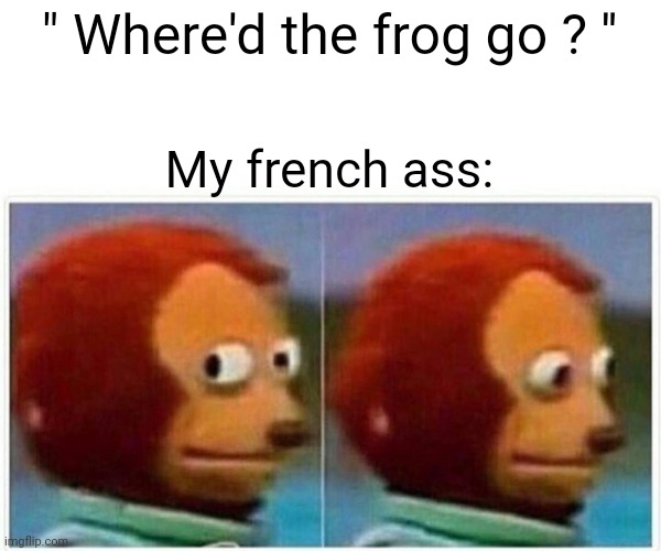 Relatable | " Where'd the frog go ? ''; My french ass: | image tagged in memes,monkey puppet,french,frog | made w/ Imgflip meme maker
