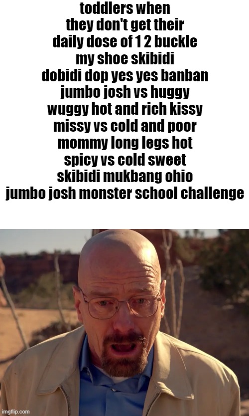 toddlers when they don't get their daily dose of 1 2 buckle my shoe skibidi dobidi dop yes yes banban jumbo josh vs huggy wuggy hot and rich kissy missy vs cold and poor mommy long legs hot spicy vs cold sweet skibidi mukbang ohio jumbo josh monster school challenge | image tagged in blank white template,walter white dying | made w/ Imgflip meme maker