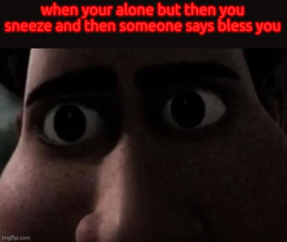 idk if this is dark | when your alone but then you sneeze and then someone says bless you | image tagged in titan stare | made w/ Imgflip meme maker