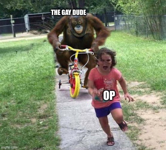 orangutan chasing kid on tricycle | THE GAY DUDE OP | image tagged in orangutan chasing kid on tricycle | made w/ Imgflip meme maker