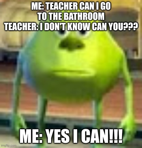 Sully Wazowski | ME: TEACHER CAN I GO TO THE BATHROOM
TEACHER: I DON'T KNOW CAN YOU??? ME: YES I CAN!!! | image tagged in sully wazowski | made w/ Imgflip meme maker