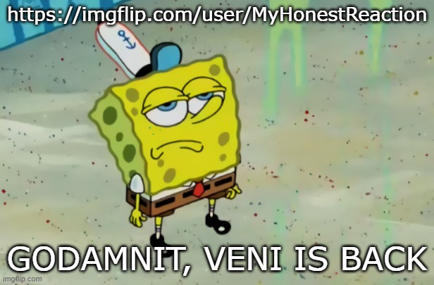 SpongeBob not scared | https://imgflip.com/user/MyHonestReaction; GODAMNIT, VENI IS BACK | image tagged in spongebob not scared | made w/ Imgflip meme maker