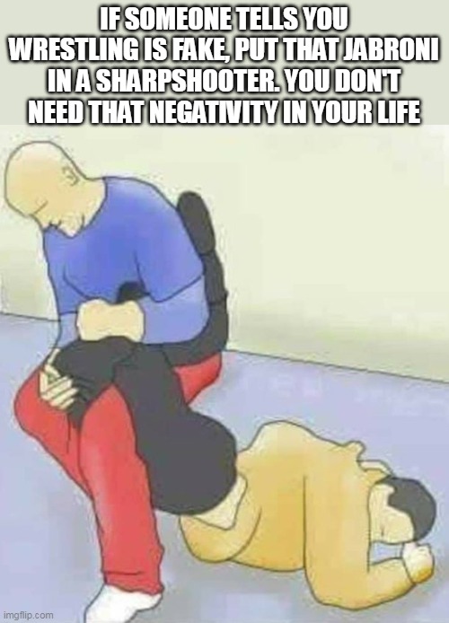 If someone tells you wrestling is fake, put that jabroni in a sharpshooter. You don't need that negativity in your life | IF SOMEONE TELLS YOU WRESTLING IS FAKE, PUT THAT JABRONI IN A SHARPSHOOTER. YOU DON'T NEED THAT NEGATIVITY IN YOUR LIFE | image tagged in sharpshooter,funny,negativity,wrestling,fight | made w/ Imgflip meme maker