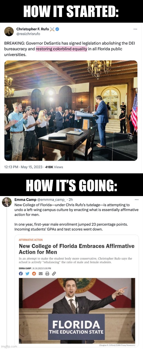 You’re telling me that conservatives never actually cared about equality to begin with? I’m shocked! | HOW IT STARTED:; HOW IT’S GOING: | image tagged in conservatives,affirmative action,racism,color blindness,supreme court | made w/ Imgflip meme maker
