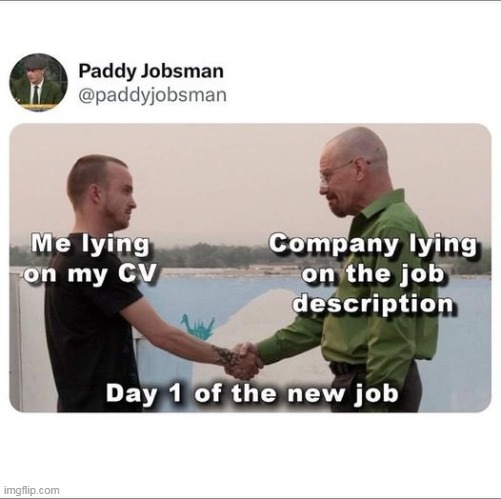 Yup that is how it is | image tagged in new job,repost,cover letter,job description,lying | made w/ Imgflip meme maker