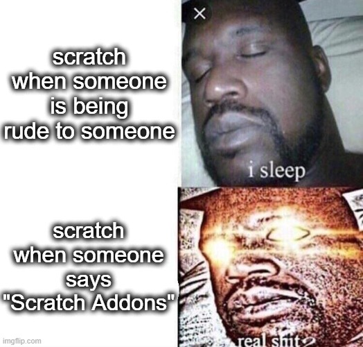 why (idk -other mod) | scratch when someone is being rude to someone; scratch when someone says "Scratch Addons" | image tagged in scratch,why,i sleep | made w/ Imgflip meme maker