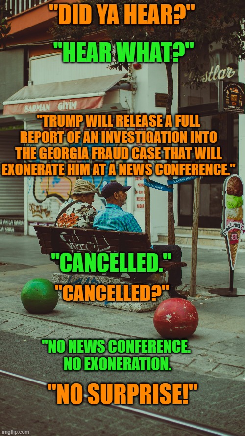 Old folks on a bench making sense. | "DID YA HEAR?"; "HEAR WHAT?"; "TRUMP WILL RELEASE A FULL REPORT OF AN INVESTIGATION INTO THE GEORGIA FRAUD CASE THAT WILL EXONERATE HIM AT A NEWS CONFERENCE."; "CANCELLED."; "CANCELLED?"; "NO NEWS CONFERENCE. 
NO EXONERATION. "NO SURPRISE!" | image tagged in politics | made w/ Imgflip meme maker