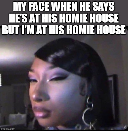 My face when he says he’s at his homie house but I’m at his homie house | MY FACE WHEN HE SAYS HE’S AT HIS HOMIE HOUSE BUT I’M AT HIS HOMIE HOUSE | image tagged in megan the stallion,funny,homie,boyfriend,cheating | made w/ Imgflip meme maker