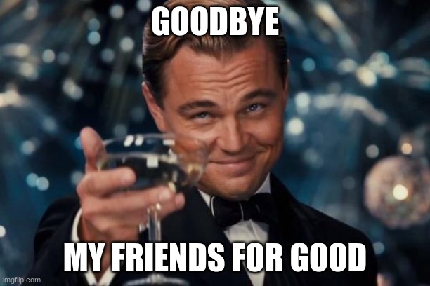 bye bye | GOODBYE; MY FRIENDS FOR GOOD | image tagged in memes,leonardo dicaprio cheers | made w/ Imgflip meme maker