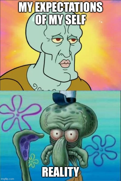 Squidward Meme | MY EXPECTATIONS OF MY SELF; REALITY | image tagged in memes,squidward | made w/ Imgflip meme maker