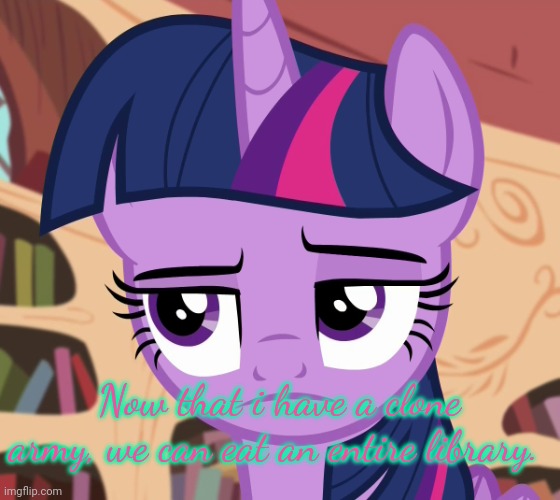 Unamused Twilight Sparkle (MLP) | Now that i have a clone army, we can eat an entire library. | image tagged in unamused twilight sparkle mlp | made w/ Imgflip meme maker
