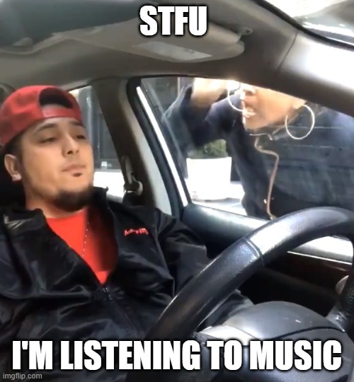 stfu im listening to | STFU; I'M LISTENING TO MUSIC | image tagged in stfu im listening to | made w/ Imgflip meme maker