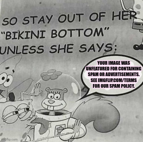 YOUR IMAGE WAS UNFEATURED FOR CONTAINING SPAM OR ADVERTISEMENTS. SEE IMGFLIP.COM/TERMS FOR OUR SPAM POLICY. | made w/ Imgflip meme maker