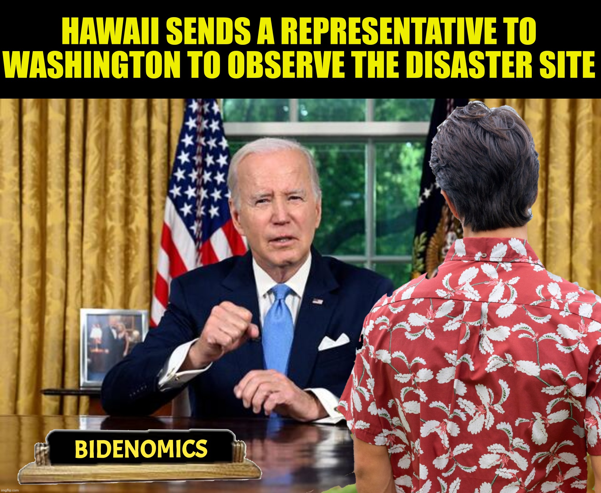 No comment | HAWAII SENDS A REPRESENTATIVE TO WASHINGTON TO OBSERVE THE DISASTER SITE | image tagged in bad photoshop,joe biden,hawaii,oval office,disaster site | made w/ Imgflip meme maker