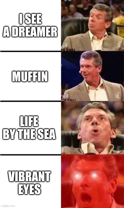 Anyone like these dsmp songs? | I SEE A DREAMER; MUFFIN; LIFE BY THE SEA; VIBRANT EYES | image tagged in vince mcmahon reaction w/glowing eyes | made w/ Imgflip meme maker