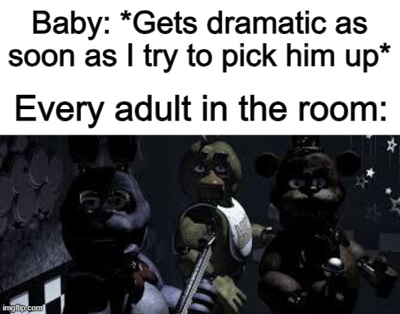 They make you feel like you hurt the baby, when in reality, you just tried to pick them up :/ | Baby: *Gets dramatic as soon as I try to pick him up*; Every adult in the room: | image tagged in fnaf camera all stare | made w/ Imgflip meme maker