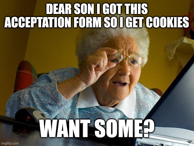 Grandma Finds The Internet | DEAR SON I GOT THIS ACCEPTATION FORM SO I GET COOKIES; WANT SOME? | image tagged in memes,grandma finds the internet | made w/ Imgflip meme maker