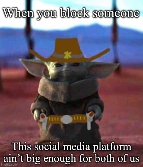 Social media block | When you block someone; This social media platform ain’t big enough for both of us | image tagged in cowboy baby yoda,blocked | made w/ Imgflip meme maker