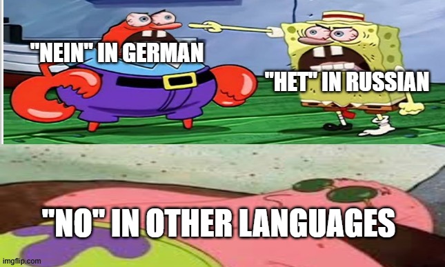 international negation | "НЕТ" IN RUSSIAN; "NEIN" IN GERMAN; "NO" IN OTHER LANGUAGES | image tagged in spongebob mr krabs yelling | made w/ Imgflip meme maker