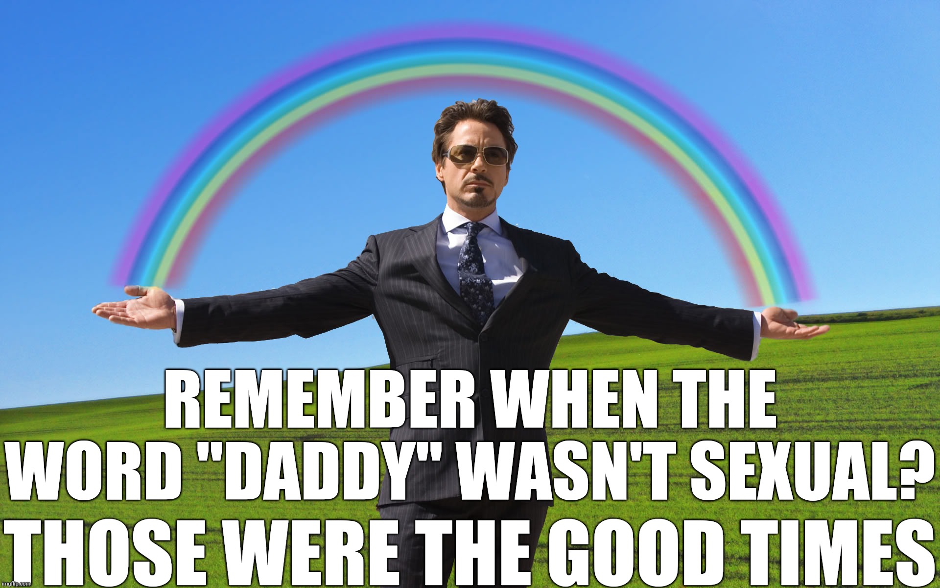 Gen Z ruined everything | REMEMBER WHEN THE WORD "DADDY" WASN'T SEXUAL? THOSE WERE THE GOOD TIMES | image tagged in tony stark rainbow | made w/ Imgflip meme maker