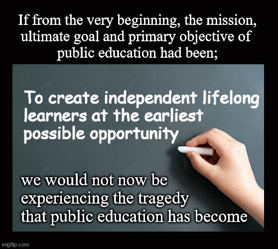 the tragedy that public education has become | If from the very beginning, the mission,
ultimate goal and primary objective of 
public education had been;; To create independent lifelong 
learners at the earliest 
possible opportunity; we would not now be 
experiencing the tragedy
that public education has become | image tagged in public education,falling test scores | made w/ Imgflip meme maker