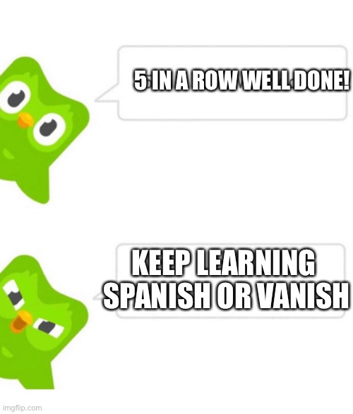 Duolingo 5 in a row | 5 IN A ROW WELL DONE! KEEP LEARNING
 SPANISH OR VANISH | image tagged in duolingo 5 in a row | made w/ Imgflip meme maker