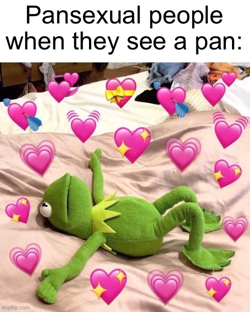 Lol me | Pansexual people when they see a pan: | image tagged in kermit in love,memes,funny,pansexual,lgbtq | made w/ Imgflip meme maker